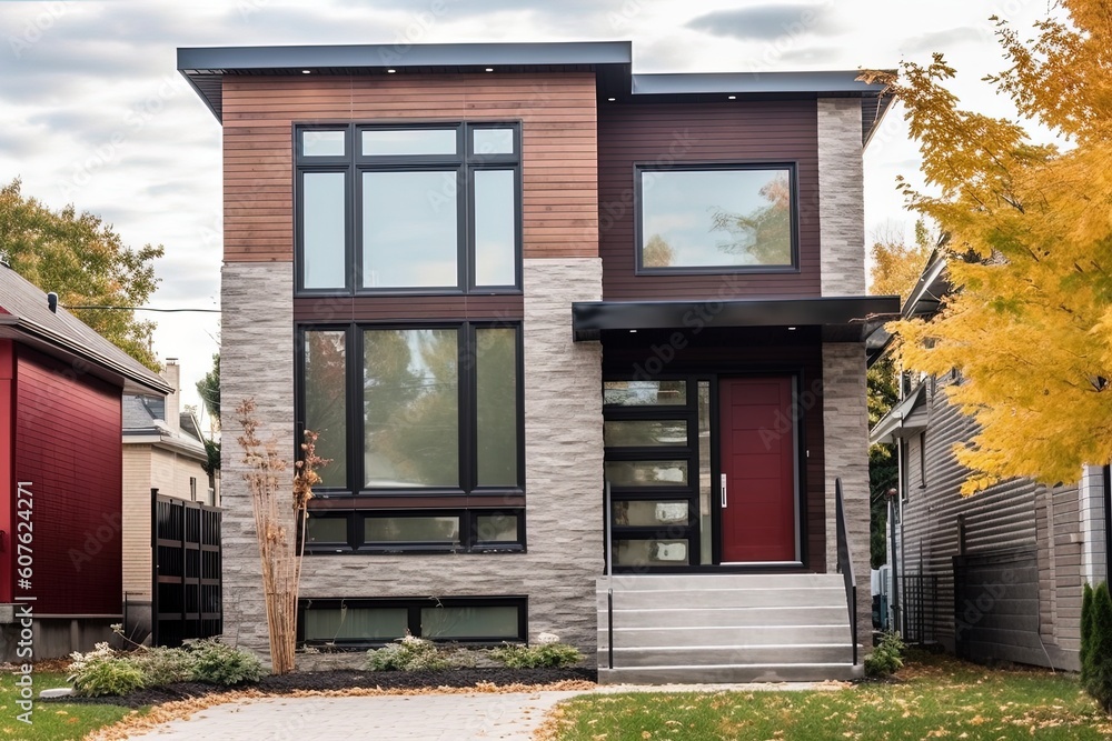 Cutting-Edge Features in Prestigious Newly Developed Home with Red Siding and Natural Stone Cladding and Single Car Garage, generative AI
