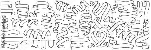 Blank ribbon banner hand drawn doodle set. Outline, thin line art, sketch, simple style. 