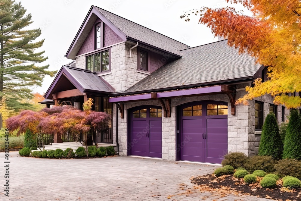 Innovative Architecture Meets Natural Stone and Purple Siding in Timeless New Build with Double Garage, generative AI