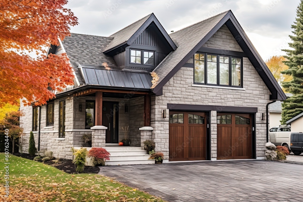 Double Garage and Burgundy Siding: A New, Timeless Dwelling with Innovative Architecture and Natural Stone Elements, generative AI Double Garage and Burgundy Siding: A New, Timeless Dwelling with Innovative Architecture and Natural Stone Elements, generative AI