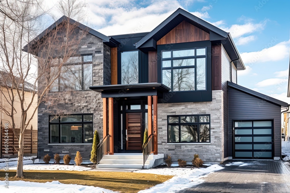 Cutting-Edge Features Meet Natural Stone Cladding in Prestigious Green Sided Home with Single Car Garage, generative AI