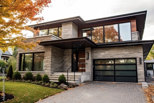 Cutting-Edge Features and Natural Stone Cladding Enhance This Prestigious New Home with a Single-Car Garage and Bronze Siding, generative AI