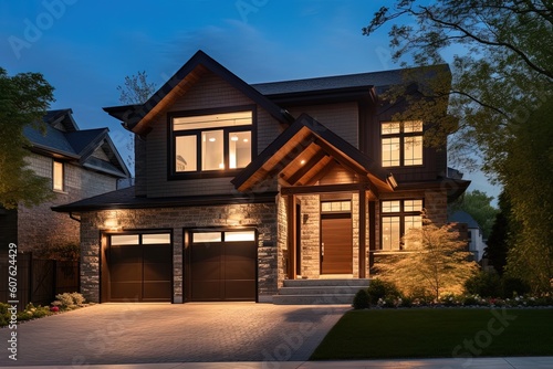 Cutting-Edge Features and Natural Stone Cladding Enhance Prestigious New Home with Single Car Garage and Brown Siding, generative AI