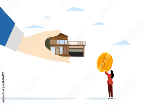 Real Estate Concept. woman buying house by hand giving house, renting house concept. rent a house or property. business in the building and property sector. flat vector illustration.