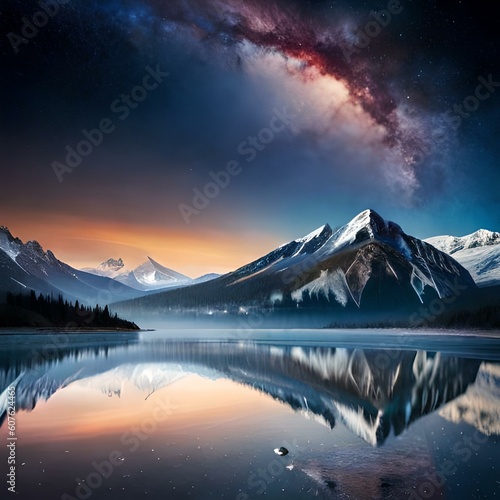galaxy sky over the lake next to mountains © TNTX
