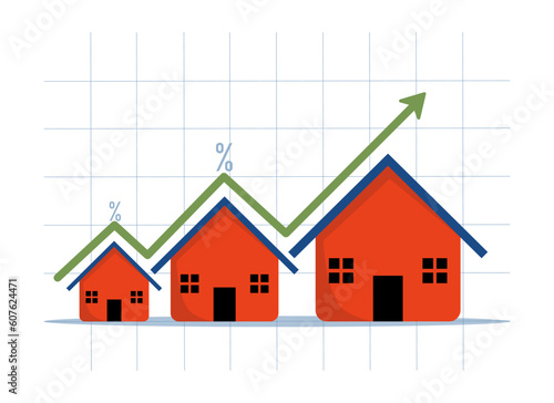 House prices rising, Real estate investment or property growth concept, Houses with arrows chart. green graphics rising on the roof of the house. flat vector illustration on a white background.
