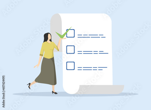 self evaluation for personal development or work improvement concept, self assessment concept, woman putting check mark on checkbox in notepad paper achievement list. flat vector illustration.