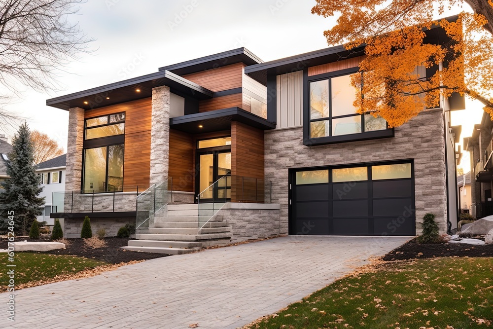 Cutting-Edge Features and Natural Stone Cladding Highlight Prestigious New Home with Bronze Siding and Single Car Garage, generative AI Cutting-Edge Features and Natural Stone Cladding Highlight Prestigious New Home with Bronze Siding and Single Car Garage, generative AI