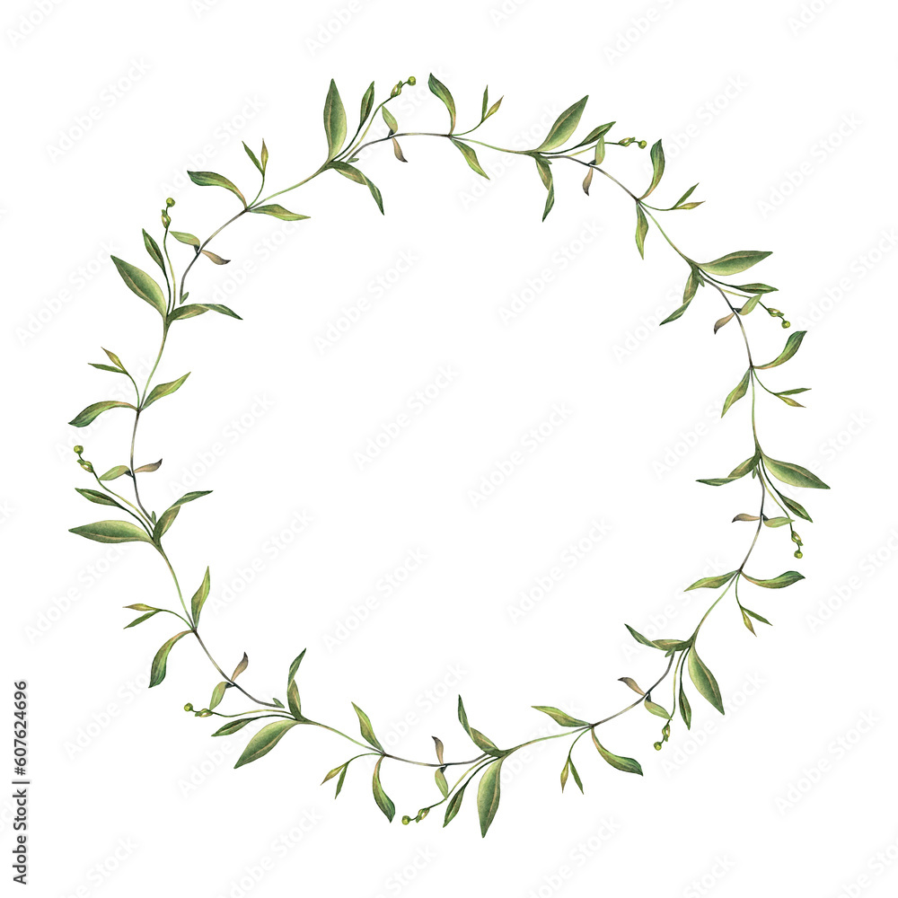 Circle frame with watercolor grass. Green leaves isolated on white background. Wedding invite. Summer or spring banner template for poster or card. Hand-drawn art with copy space for decor book