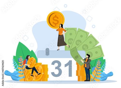 Payroll Concept, Showing a group of people celebrating payroll day, payment towards employees, Suitable for landing page, UI, web, app intro card, editorial, flyer and banner, Flat Vector Illustration