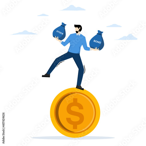 Balanced investment strategy. Balancing risk and reward. Balancing stocks and bonds. Portfolio Asset Classification. Businessman investor balancing as an acrobat on a giant dollar coin.