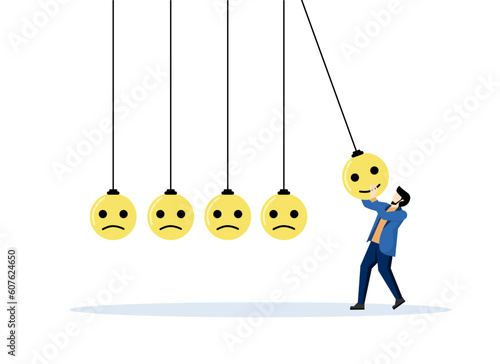 Optimistic, emotional intelligence or balance between happiness and sadness, happiness or positive thinking inspire others to be happy, man holding pendulum ball smiling face hitting another sad face.