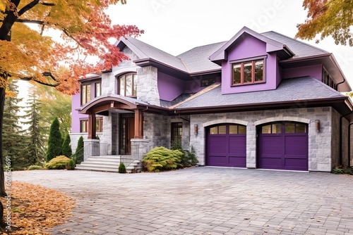 Innovative Architecture Meets Natural Stone and Purple Siding in Timeless New Construction with Double Garage, generative AI