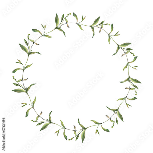 Circle frame with watercolor grass. Green leaves isolated on white background. Wedding invite. Summer or spring banner template for poster or card. Hand-drawn art with copy space for decor book