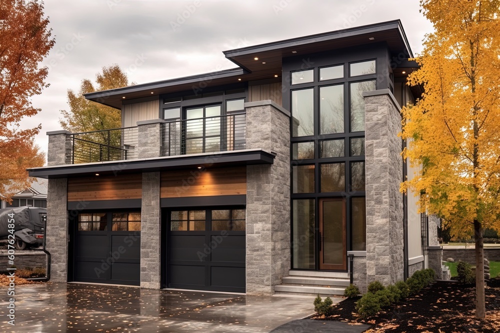 Modern Two-Car Garage Residence with Refined Fresh Development and Beautiful Dark Blue Siding and Natural Stone Walls, generative AI