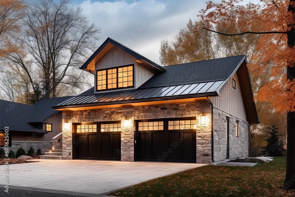 Modern Styling and Natural Stone Walls: A Refined Fresh Development Residence with White Siding and Two-Car Garage, generative AI