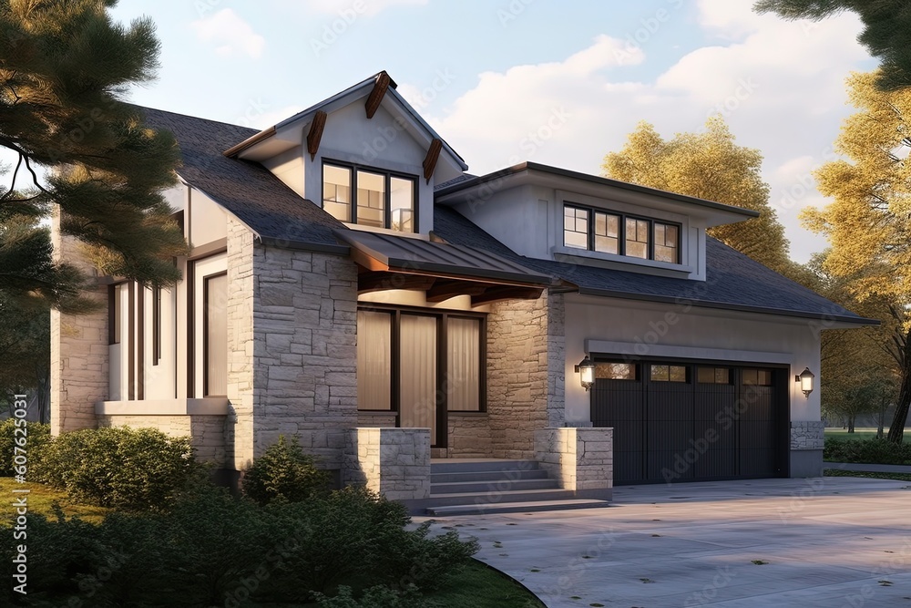 Modern Two-Car Garage Residence with Refined Styling, Beige Siding, and Natural Stone Walls, generative AI