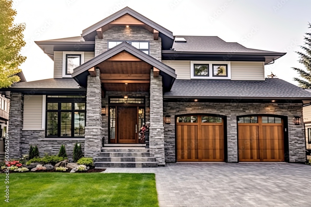 Modern Styling Meets Green Living: A Sublime New House with Natural Stone Entrance and Single Car Garage, generative AI Modern Styling Meets Green Living: A Sublime New House with Natural Stone Entrance and Single Car Garage, generative AI