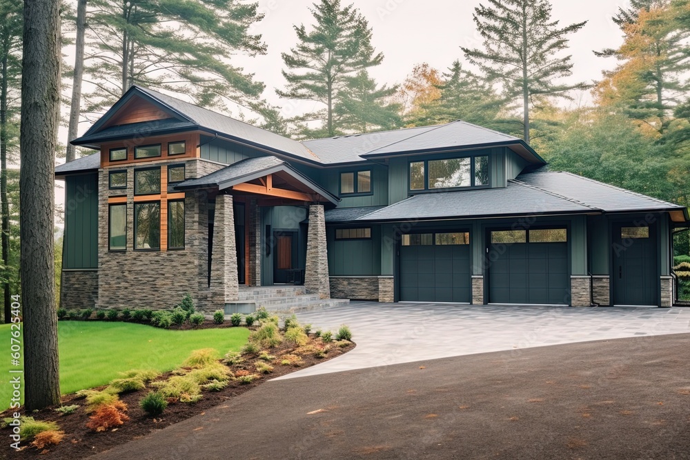 Cutting-Edge Aesthetic: Modern Newly Built Home with Dark Green Siding, Natural Stone Details, and Two-Car Garage, generative AI