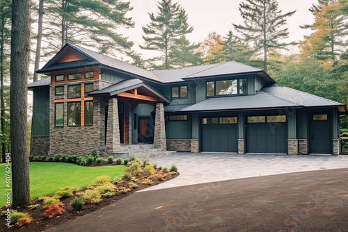 Cutting-Edge Aesthetic: Modern Newly Built Home with Dark Green Siding, Natural Stone Details, and Two-Car Garage, generative AI © Michael