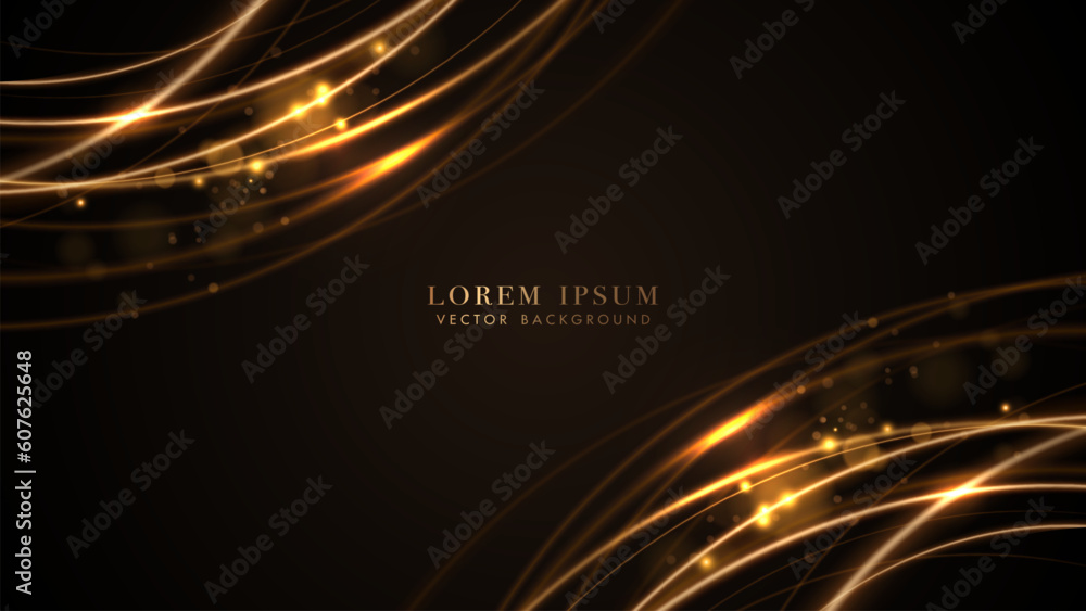 Glowing golden curve with glitter light effect and bokeh decoration on dark background. Vector illustration