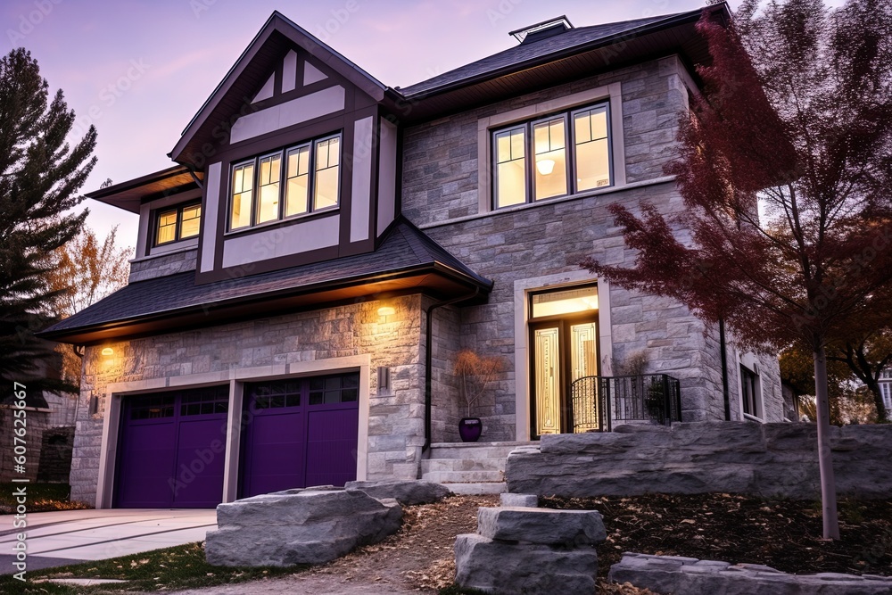 Modern, Stylish Sublime House with Single Car Garage, Natural Stone Entrance, and Distinctive Purple Siding, generative AI