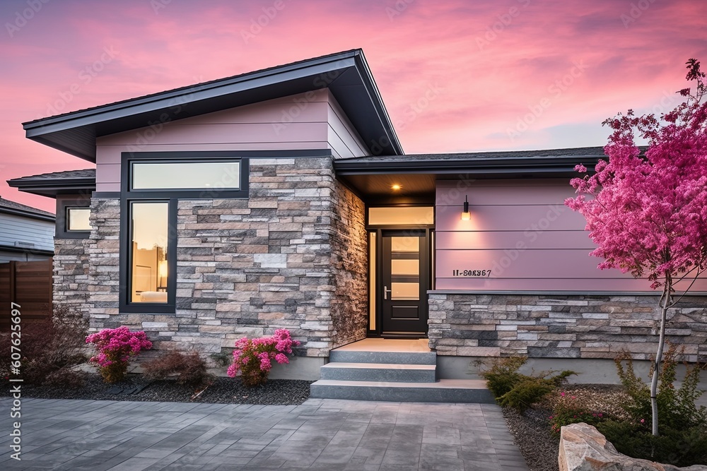Obraz premium Modern and Elegant: Sublime New House with Natural Stone Entrance, Single Car Garage, and Pink Siding, generative AI