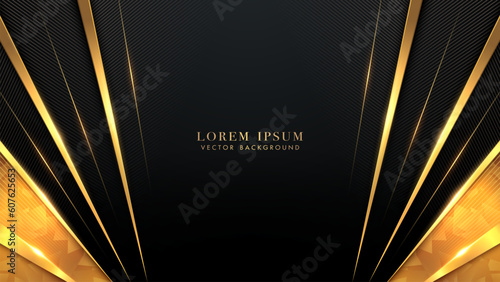 Diagonal golden shape and lines with glowing effects element decoration on black background. Luxury style vector design