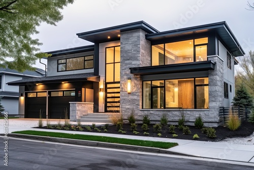 Cutting-Edge Newly Built Modern Home with Two-Car Garage, Light Gray Siding, and Natural Stone Accents, generative AI