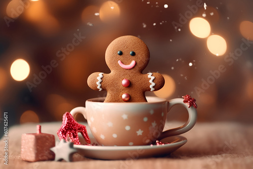 Fototapete Gingerbread man in a cup of hot chocolate or cocoa. AI generated