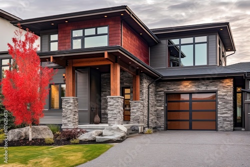 Cutting-Edge Aesthetic: Modern Newly Built Home with Two-Car Garage, Red Siding, and Natural Stone Details, generative AI