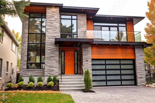 Modern Sublime House with Single Car Garage, Natural Stone Entrance, and Trendy Orange Siding, generative AI