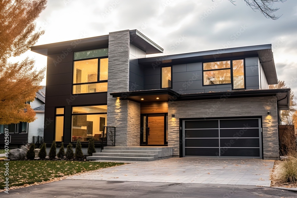 Cutting-Edge Features and Prestigious Style: A Newly Developed Home with Dark Gray Siding and Natural Stone Cladding, Complete with Single Car Garage, generative AI