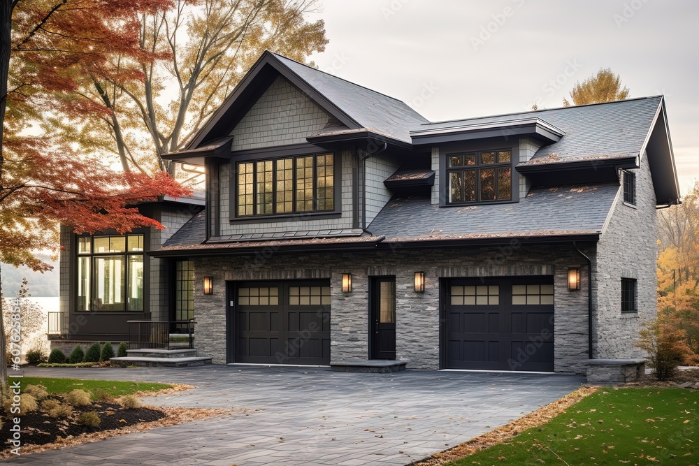 Innovative Architecture Meets Natural Stone and Light Green Siding in Timeless New Construction with Double Garage, generative AI Innovative Architecture Meets Natural Stone and Light Green Siding in Timeless New Construction with Double Garage, generative AI