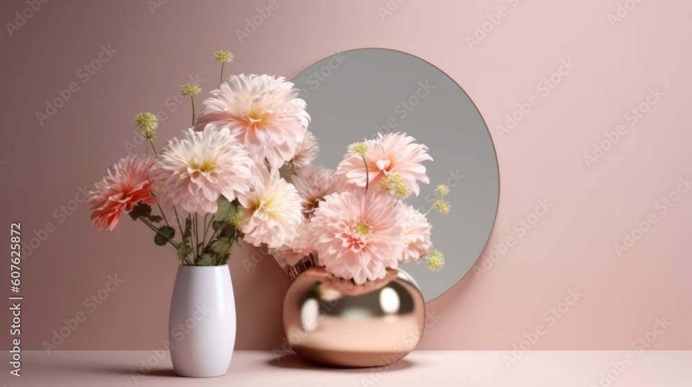 Artificial flowers floating next to a mirror. Surreal artistic floral background. Generative ai Artificial flowers floating next to a mirror. Surreal artistic floral background. Generative ai