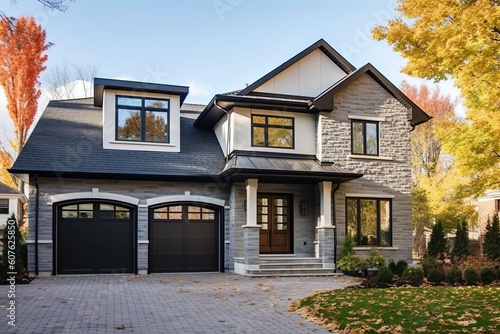 Cutting-Edge Features Highlight Prestigious Newly Developed Home with Single Car Garage and Natural Stone Cladding on Light Green Siding, generative AI