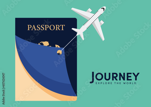 Happy holiday travel around the world concept in summer time with passport and air plane flat design style