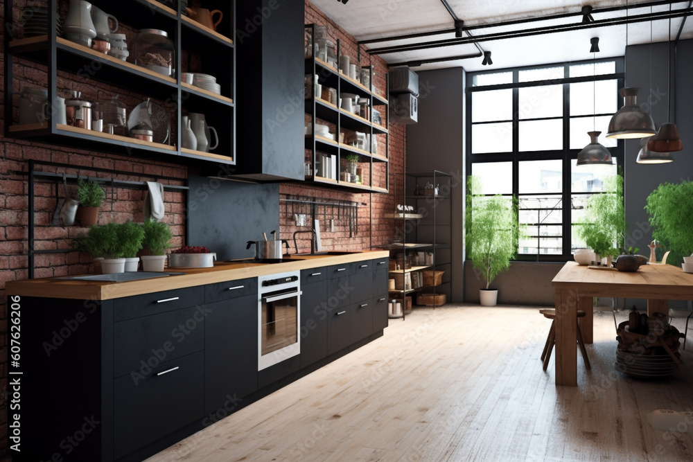 Aesthetically Pleasing: Kitchen Island in Minimalist Style ( green plants, wood, black and white)
