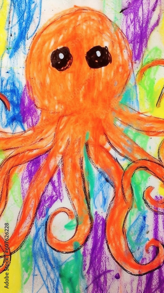 Unfinished Masterpiece Of A 5-year-old Kid Playful Drawing Of Octopus with Crayons On White Construction Paper Generative Ai Digital Illustration