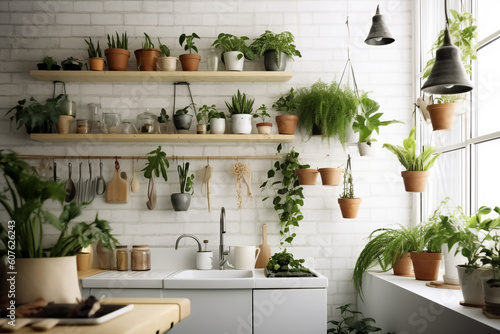 Aesthetically Pleasing: Kitchen Island in Minimalist Style ( green plants, wood, black and white)
