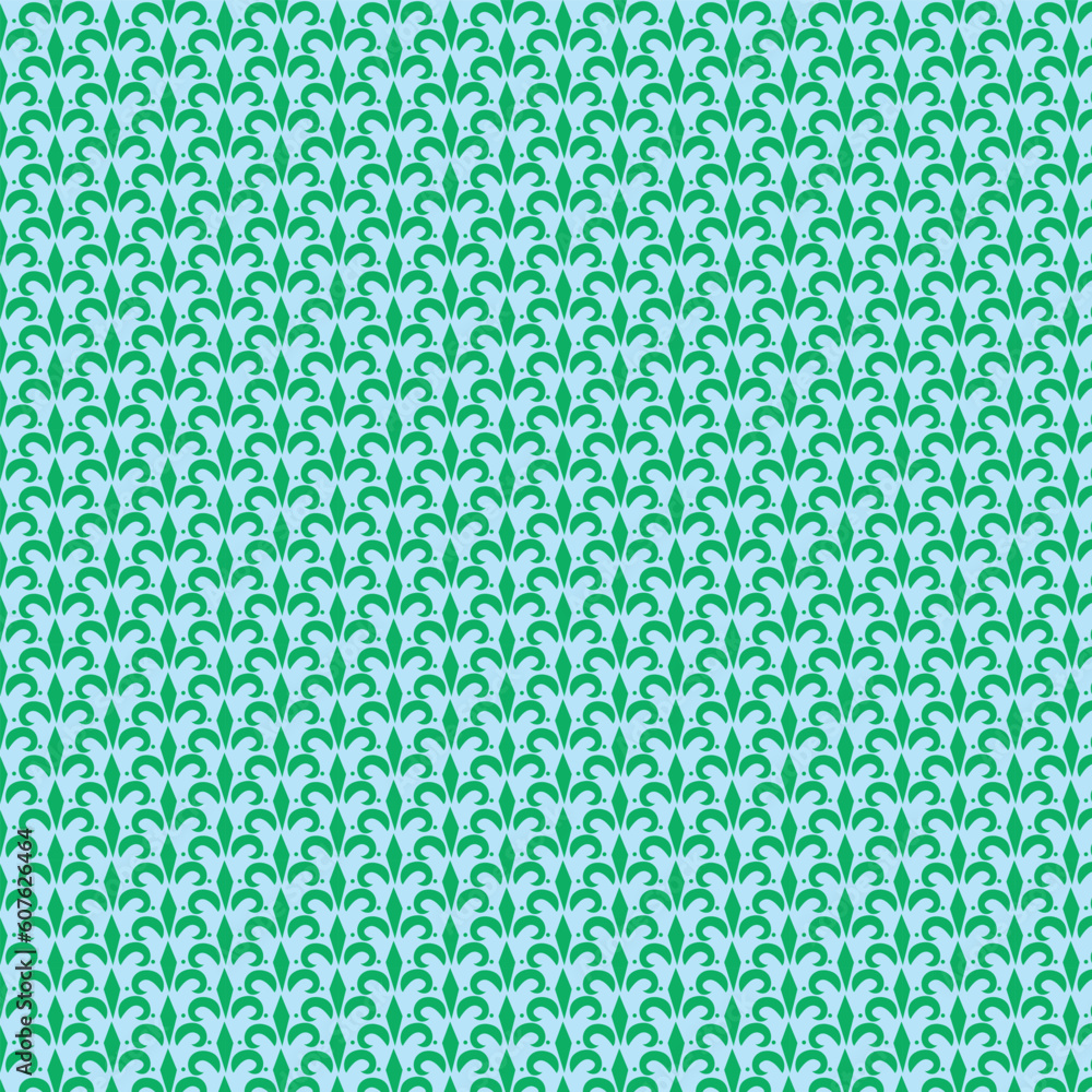 Green Ornament Seamless Pattern Design on the Cyan background