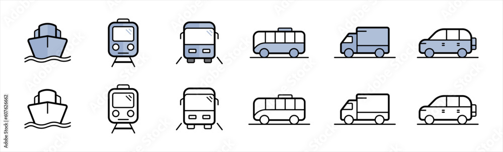 Transport icon. Public Transportation icon set in line style. Public transport simple black style symbol sign for apps and website, vector illustration. Transport icon. Public Transportation icon set in line style. Public transport simple black style symbol sign for apps and website, vector illustration.