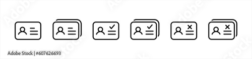 ID Card icon set in line style.  ID Card with Circle tick approved, Driver's license Identification card simple black style symbol sign for apps and website, vector illustration.	