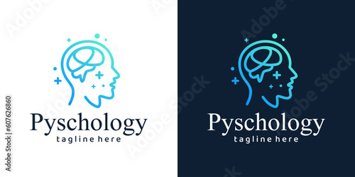Mental health logo design. Psychotherapy symbol concept. Human head with brain graphic design vector illustration.