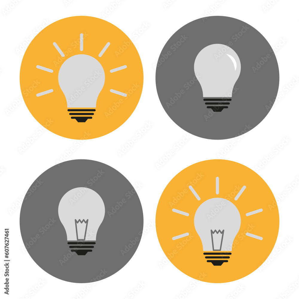 Set of different lightbulb icon on a circles. Idea symbol. Energy symbol. Vector illustration. Set of different lightbulb icon on a circles. Idea symbol. Energy symbol. Vector illustration.