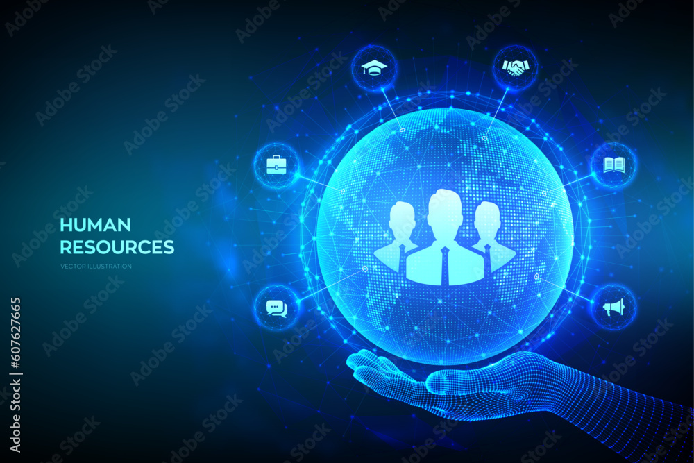Human Resources. HR management, recruitment, employment, headhunting business concept. Human social network. World map point and line composition. Earth planet globe in wireframe hand. Vector. Human Resources. HR management, recruitment, employment, headhunting business concept. Human social network. World map point and line composition. Earth planet globe in wireframe hand. Vector.