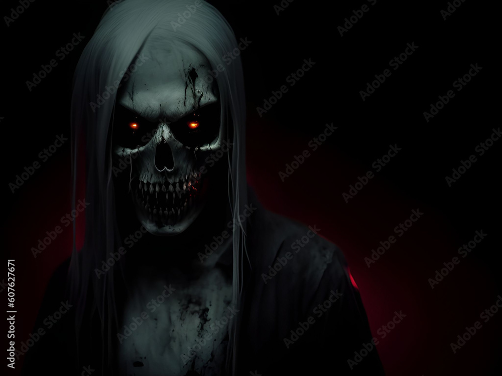 Scary ghost skull on dark background. Generative ai Scary ghost skull on dark background. Generative ai