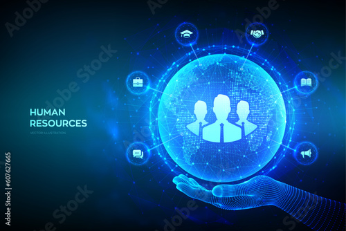 Human Resources. HR management, recruitment, employment, headhunting business concept. Human social network. World map point and line composition. Earth planet globe in wireframe hand. Vector.