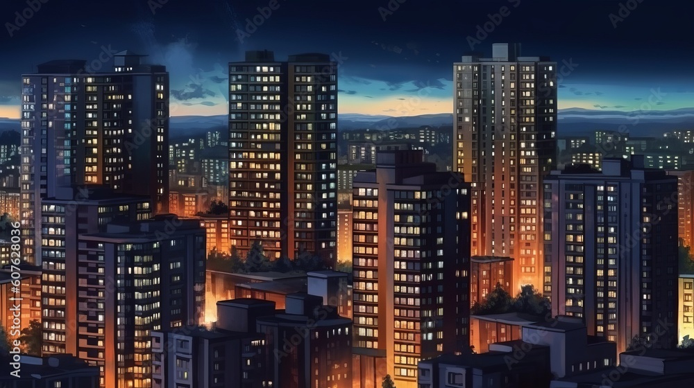 City night landscape. Residential high-rise buildings. Generative ai