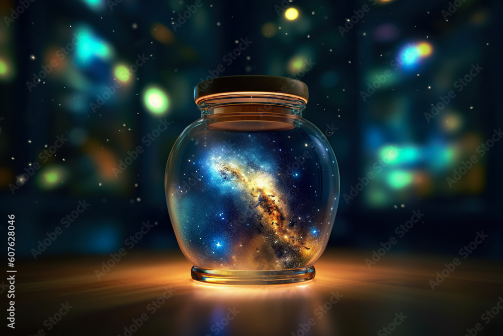 Magic in a Glass Jar. Simulated Starry Sky. Unveiling the Unreal Universe, Galaxy of Stars, Glimpse of Milky Way, Astronomy Magic, Cosmic Fantasy in Space, Science. Generative AI Magic in a Glass Jar. Simulated Starry Sky. Unveiling the Unreal Universe, Galaxy of Stars, Glimpse of Milky Way, Astronomy Magic, Cosmic Fantasy in Space, Science. Generative AI